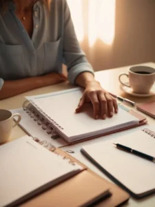 Main d’une femme sur un carnet de coaching professionnel, avec café et stylos – coaching carrière réalignement