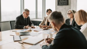 Réunion d’équipe en entreprise avec graphiques sur la table, mais des collaborateurs concentrés chacun de leur côté, sans réelle interaction.